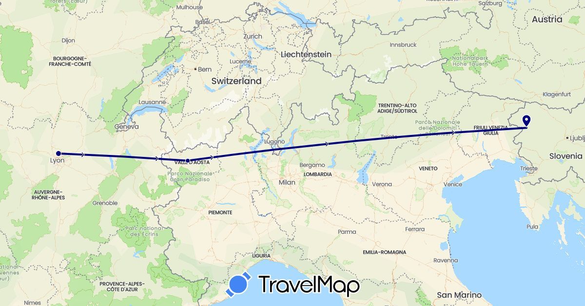 TravelMap itinerary: driving in France, Italy, Slovenia (Europe)